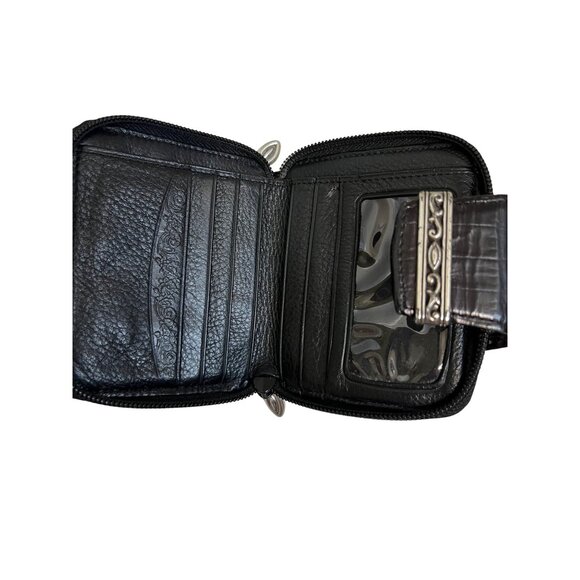 Brighton Black Leather Compact Wallet W/ Croc-Embossed Clasp & Zippered Pockets - Picture 4 of 7